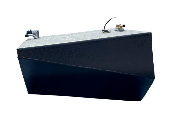 A technical side elevation photograph of the Conch 27 Center fuel tank, showcasing its distinct wedge-shaped profile with a flat top and steeply angled sides that taper toward a narrow base. The tank features a textured black finish and top-mounted hardware, including two brass fittings, an electrical lead, and a silver-toned fill neck assembly at the far left edge. This view highlights the symmetrical tapering design engineered to fit the deep-V hull of a center console boat.