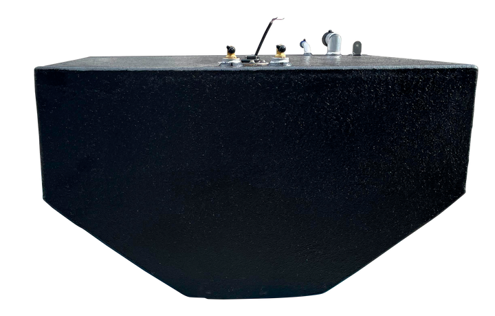 A technical side profile photograph of the center fuel tank, highlighting the sharp angle of the side walls as they taper toward the base. The image shows top-mounted brass fittings and an electrical wire, as well as the silver fill neck assembly on the left side.