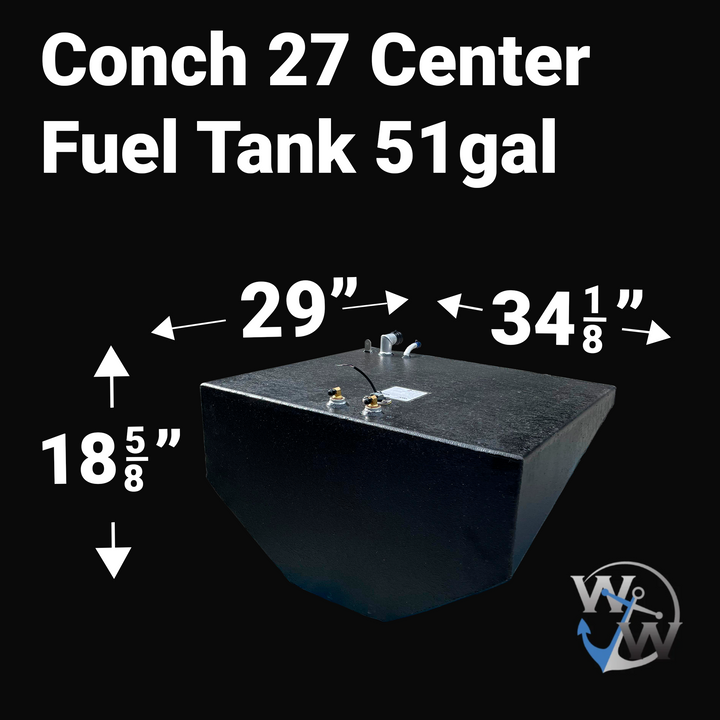 Technical product image of a wedge-shaped black marine fuel tank for a Conch 27, labeled as a 51-gallon center tank. White text and dimension arrows specify a length of $29''$, a width of $34\frac{1}{8}''$, and a height of $18\frac{5}{8}''$. The tank features a V-shaped bottom designed to fit a boat hull, various brass and silver fittings on the top surface, and a "W&W" anchor logo in the bottom right corner.