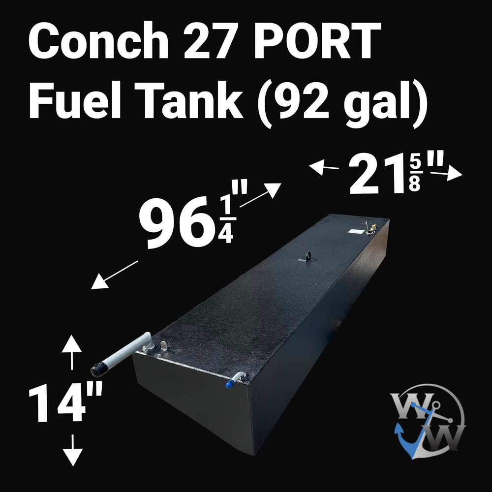 A technical product image of a black, marine-grade fuel tank against a black background. White text and arrows indicate the following product details and dimensions:Product Name: Conch 27 PORT Fuel Tank (92 gal)Length: $96\frac{1}{4}''$Width: $21\frac{5}{8}''$Height: $14''$Visual Details: The tank features multiple silver-toned fittings on the top and sides, including a long angled fill neck at one end. A logo for "W&W" with an anchor icon is visible in the bottom right corner.