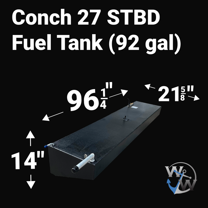 A technical product image of a long, rectangular black marine fuel tank labeled as the "Conch 27 STBD Fuel Tank (92 gal)" against a black background. White text and arrows indicate dimensions of $96\frac{1}{4}''$ in length, $21\frac{5}{8}''$ in width, and $14''$ in height. This starboard tank is a mirrored counterpart to the port version, featuring a textured black finish, multiple top-mounted silver fittings, and a "W&W" anchor logo in the bottom right corner.