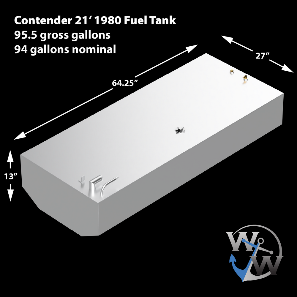 A silver Contender 21' 1980 Fuel Tank, with dimensions of 64.25 inches long, 27 inches wide, and 13 inches tall. The tank has a gross capacity of 95.5 gallons and a nominal capacity of 94 gallons. Various fittings are visible on its top surface, and a "W W" logo with an anchor is in the bottom right corner