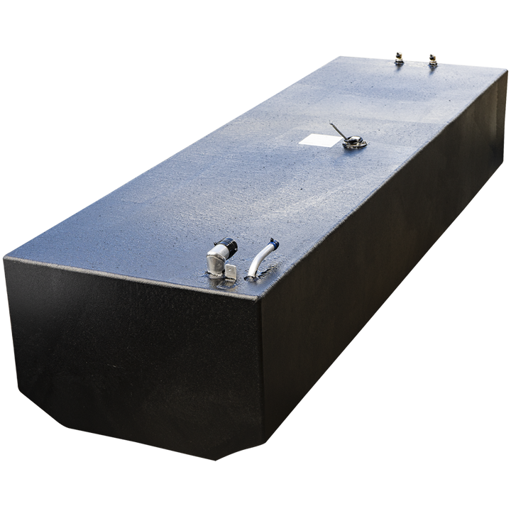  A large, rectangular OEM replacement belly fuel tank for a 2011 Contender 23' Open, with a net capacity of 149 gallons. The tank is shown from a perspective angle and has a textured black epoxy coating. Clearly visible on the top surface are multiple fittings: an angled fuel fill pipe, a smaller vent hose fitting, a fuel sending unit plate, and connections for fuel pickup and return lines