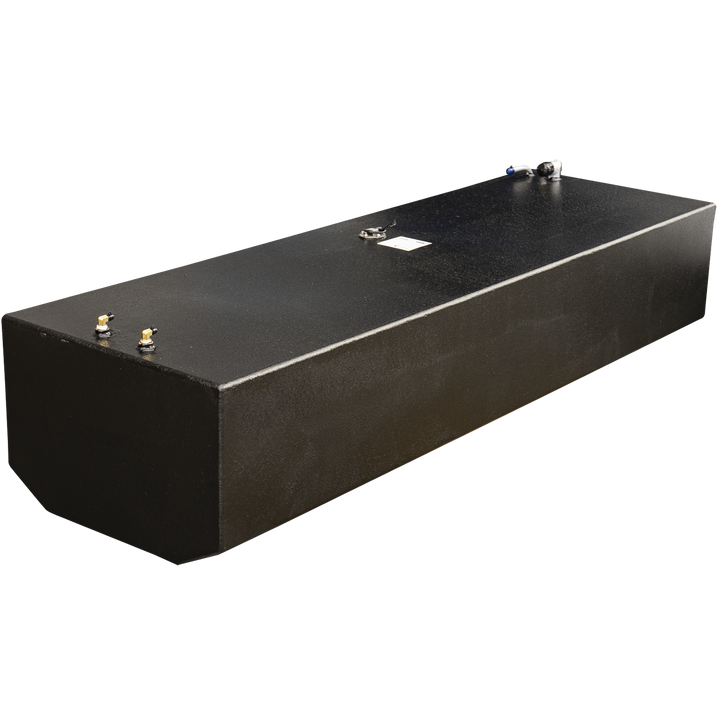 A long, rectangular marine fuel tank with a textured black protective coating, viewed from a perspective angle against a checkered background. The tank is equipped with various fittings on its top surface, including two brass fuel line connections at one end, a silver fuel sending unit plate in the center, and additional fittings for fill and vent lines at the opposite end