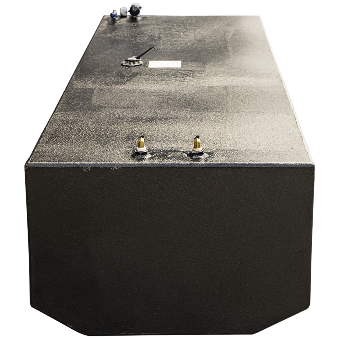 An end-on perspective view of a large, rectangular marine fuel tank with a textured black coating. The tank's front profile shows angled bottom corners. Looking down the length of the tank, various fittings are visible on the top surface: two brass fuel line connections are prominent in the foreground, followed by a fuel sending unit access plate in the middle, and additional fittings further in the background.