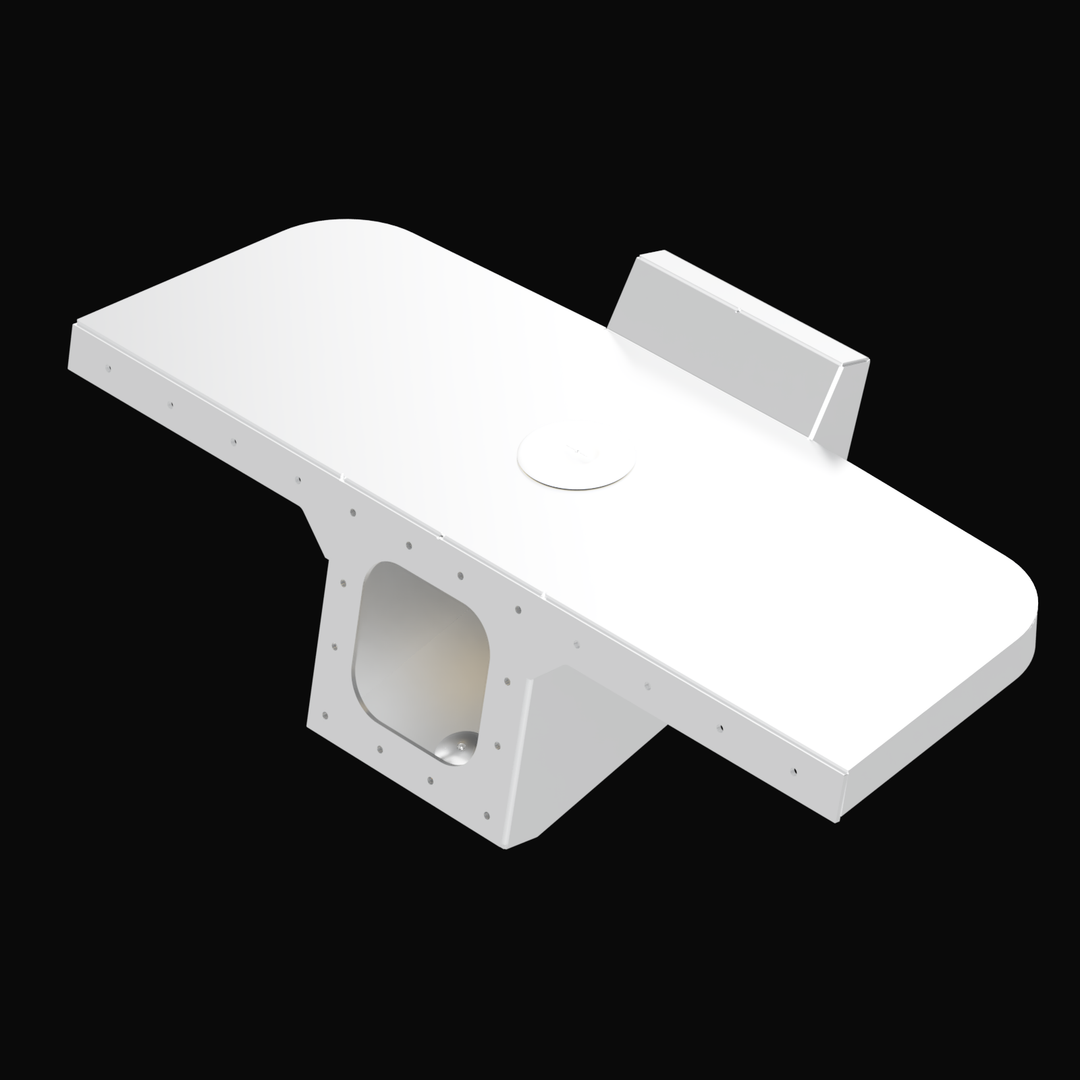 A picture of a white Apex single engine bracket designed for a 1989 Contender 25' boat. The bracket features a flat top surface with a circular cutout and a vertical support at the back