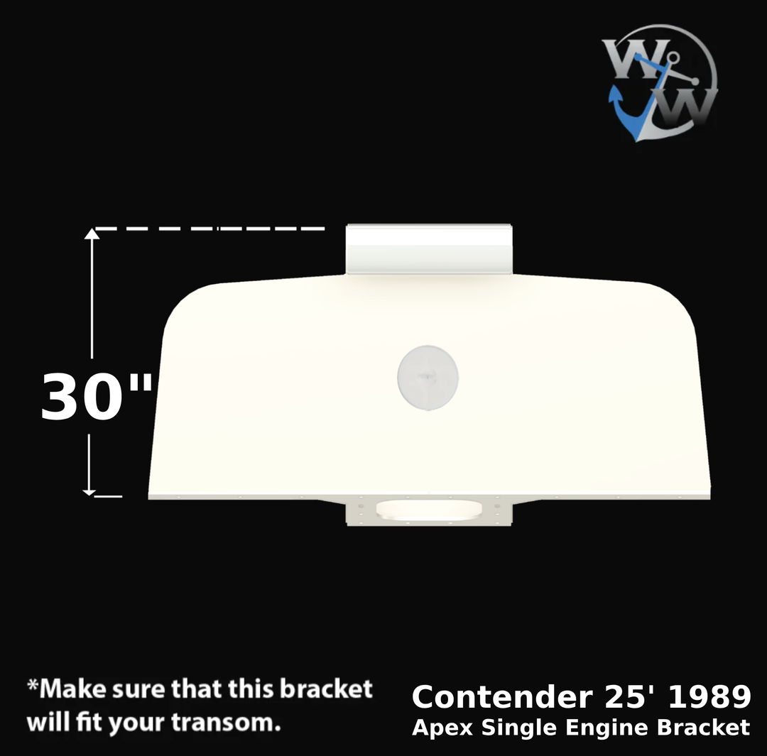Diagram of the Contender 25' 1989 Apex Single Engine Bracket, featuring dimensions of 64 inches in width, 18 inches in height, and 18 inches in depth, with a note to ensure compatibility with the transom