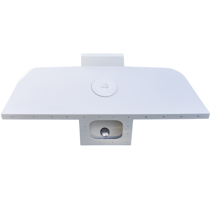 Top view of a white 1989 Apex Contender 25' single engine bracket, featuring a circular access point in the center and a smooth, flat surface, set against a transparent background