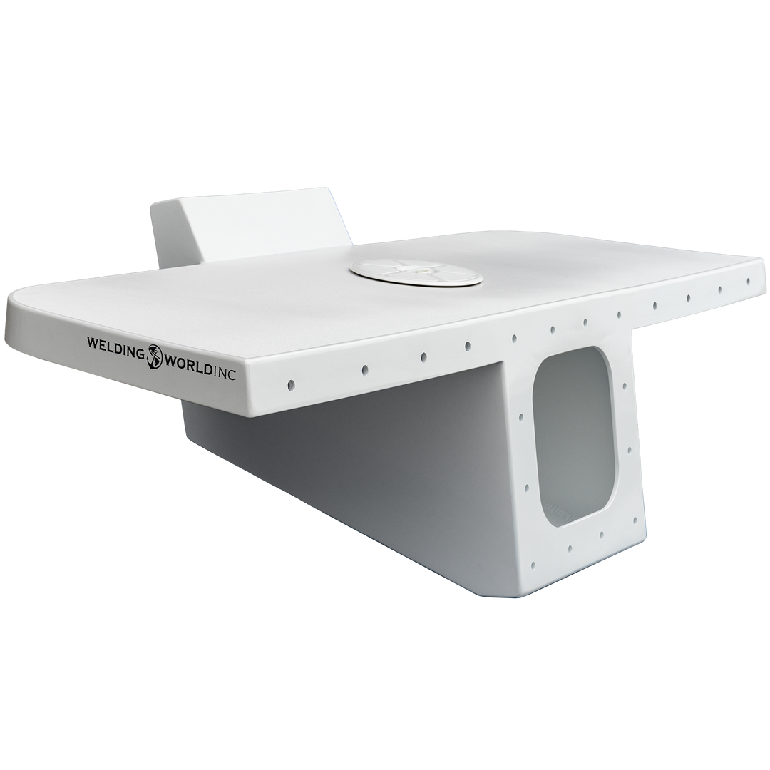 A 3D rendering of a white Apex single engine bracket designed for a 25-foot Contender boat, featuring a smooth surface and a cutout for engine mounting, with the logo 'Welding World Inc.' displayed on the side