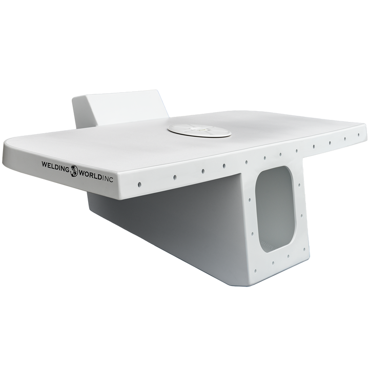 A 3D rendering of a white Apex single engine bracket designed for a 25-foot Contender boat, featuring a smooth surface and a cutout for engine mounting, with the logo 'Welding World Inc.' displayed on the side