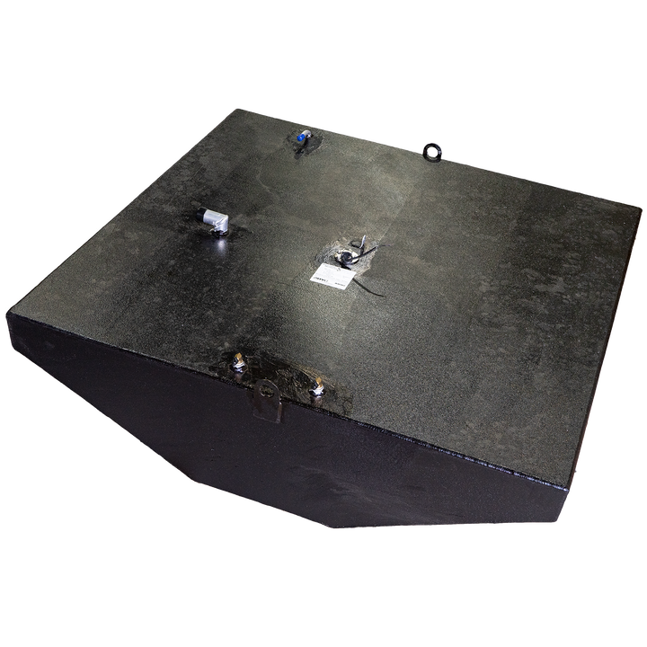 Black fuel and water tank combo for a 1993 Contender 25' boat, featuring a 180-gallon fuel capacity and a 23-gallon water capacity, with visible fittings and a flat top design