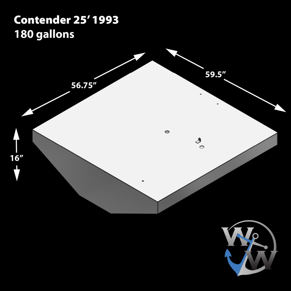 Diagram of a 1993 Contender 25' boat fuel and water tank combination, featuring dimensions of 59.5 inches in width, 56.75 inches in length, and 16 inches in height, with a total capacity of 180 gallons for fuel and 23 gallons for water