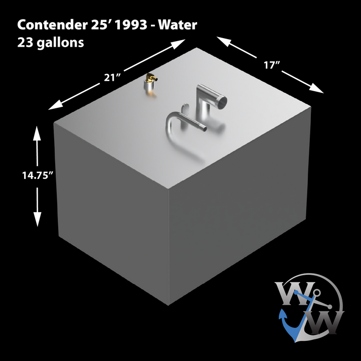 Diagram of a 1993 Contender 25' boat's water tank, showing dimensions of 21 inches in width, 17 inches in depth, and 14.75 inches in height, with a capacity of 23 gallons