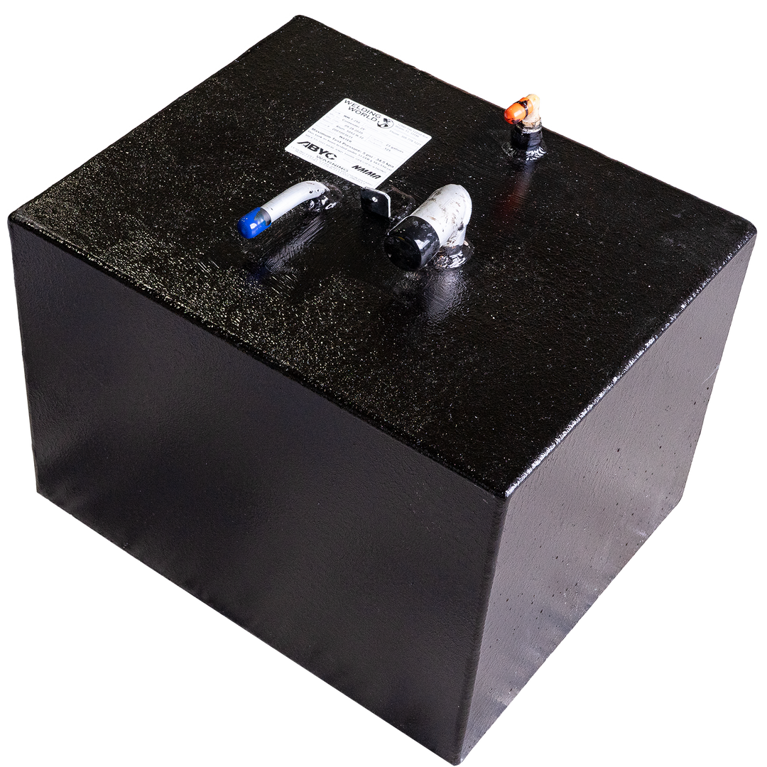 A black rectangular tank designed for a 1993 Contender 25' boat, featuring a fuel capacity of 180 gallons and a water capacity of 23 gallons. The tank has a label on top, a blue and white valve, and an orange indicator