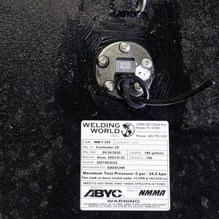 A label of a 1993 Contender 25' with a 180-gallon fuel tank, designed for offshore fishing with reliable and durable fuel storage for extended trips