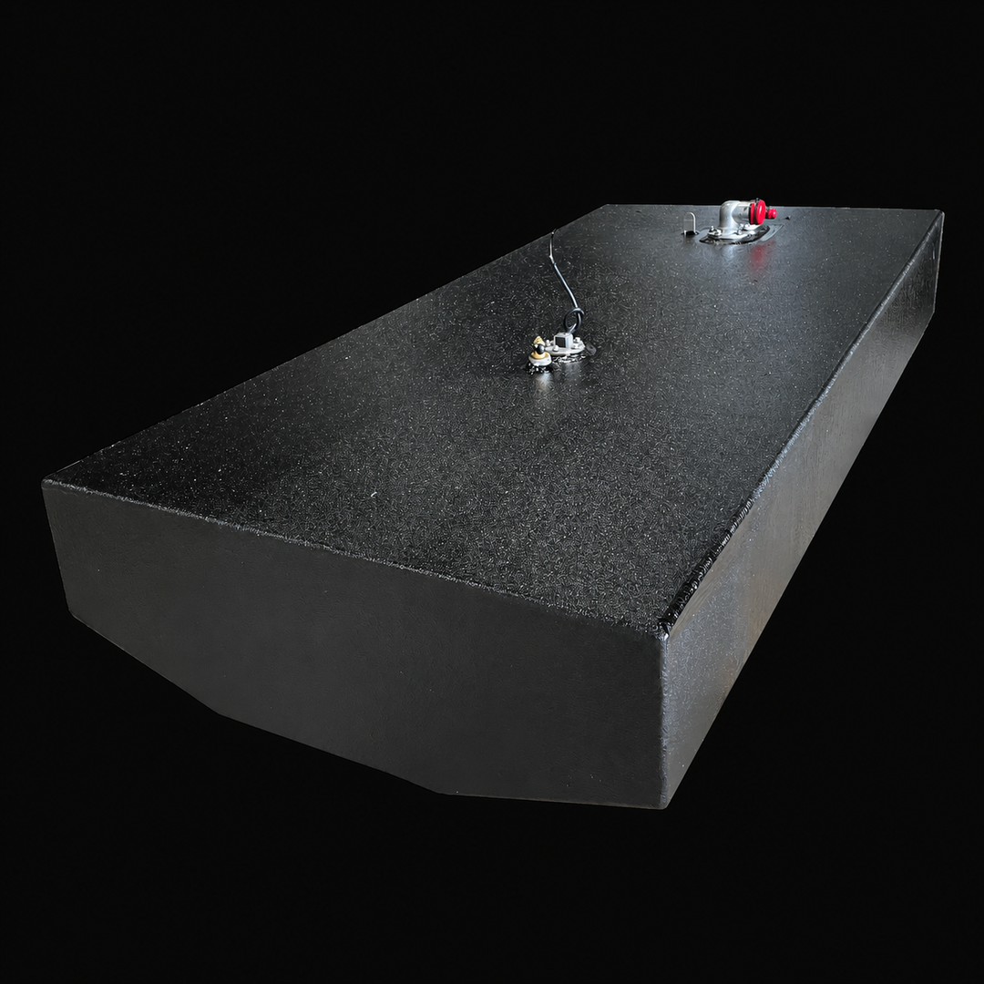 A high-angle isometric perspective view of a black Contender 25 Bay Boat 2017 replacement marine fuel tank isolated against a black background. This sleek 91-gallon low-profile fuel cell showcases a tapered, hull-conforming bottom V-contour engineered by Welding World to seat flush within the narrow center bilge of the bay boat hull. Precision-fabricated from heavy-gauge marine-grade 5052-H32 aluminum, the structure is completely encapsulated in an anti-corrosive, textured black TarGard epoxy coating to pro