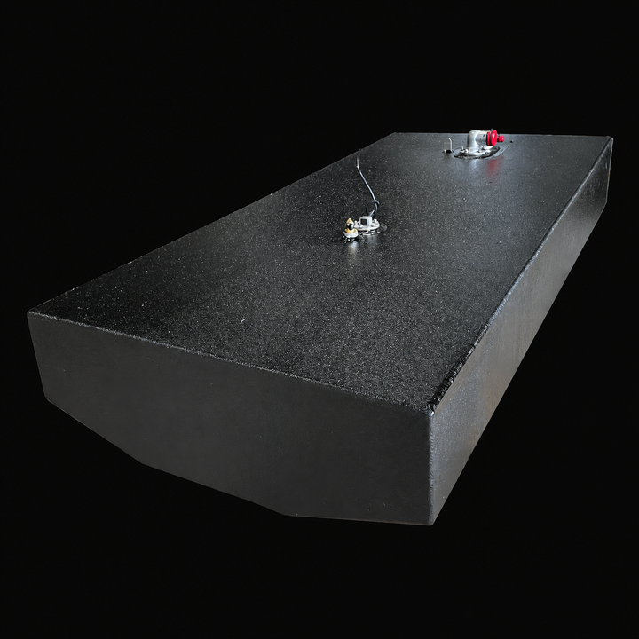 A high-angle isometric perspective view of a black Contender 25 Bay Boat 2017 replacement marine fuel tank isolated against a black background. This sleek 91-gallon low-profile fuel cell showcases a tapered, hull-conforming bottom V-contour engineered by Welding World to seat flush within the narrow center bilge of the bay boat hull. Precision-fabricated from heavy-gauge marine-grade 5052-H32 aluminum, the structure is completely encapsulated in an anti-corrosive, textured black TarGard epoxy coating to pro