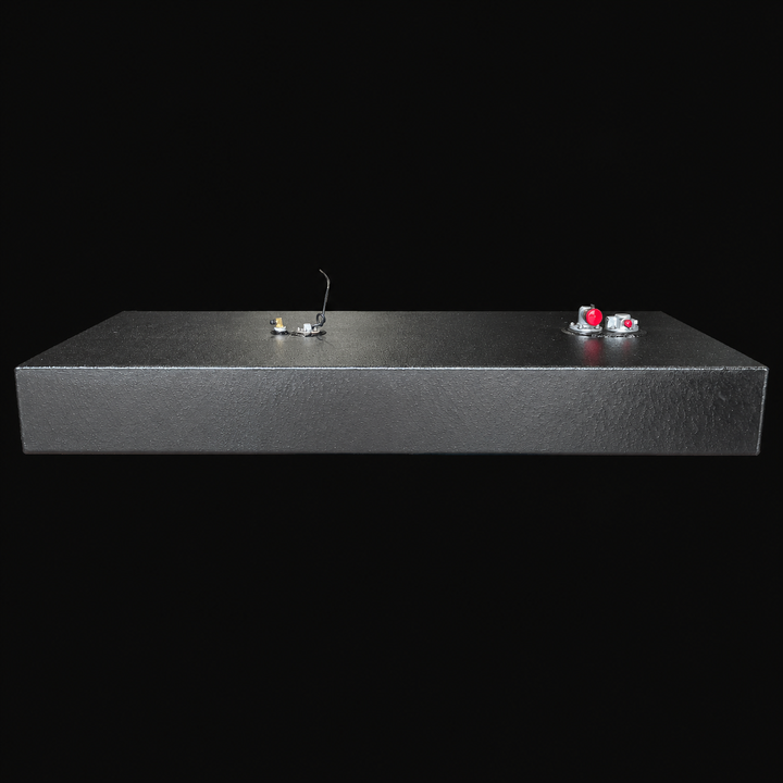 A side-elevation landscape profile view of a black Contender 25 Bay Boat 2017 replacement marine fuel tank isolated against a black background. This straight-on side view highlights the slim, rectangular box-shaped profile of the 91-gallon low-profile center-hull fuel cell, precision-fabricated from heavy-gauge marine-grade 5052-H32 aluminum. The entire structural body is treated with an anti-corrosive, textured black TarGard epoxy coating to resist harsh saltwater conditions in the bilge cavity. The flat t