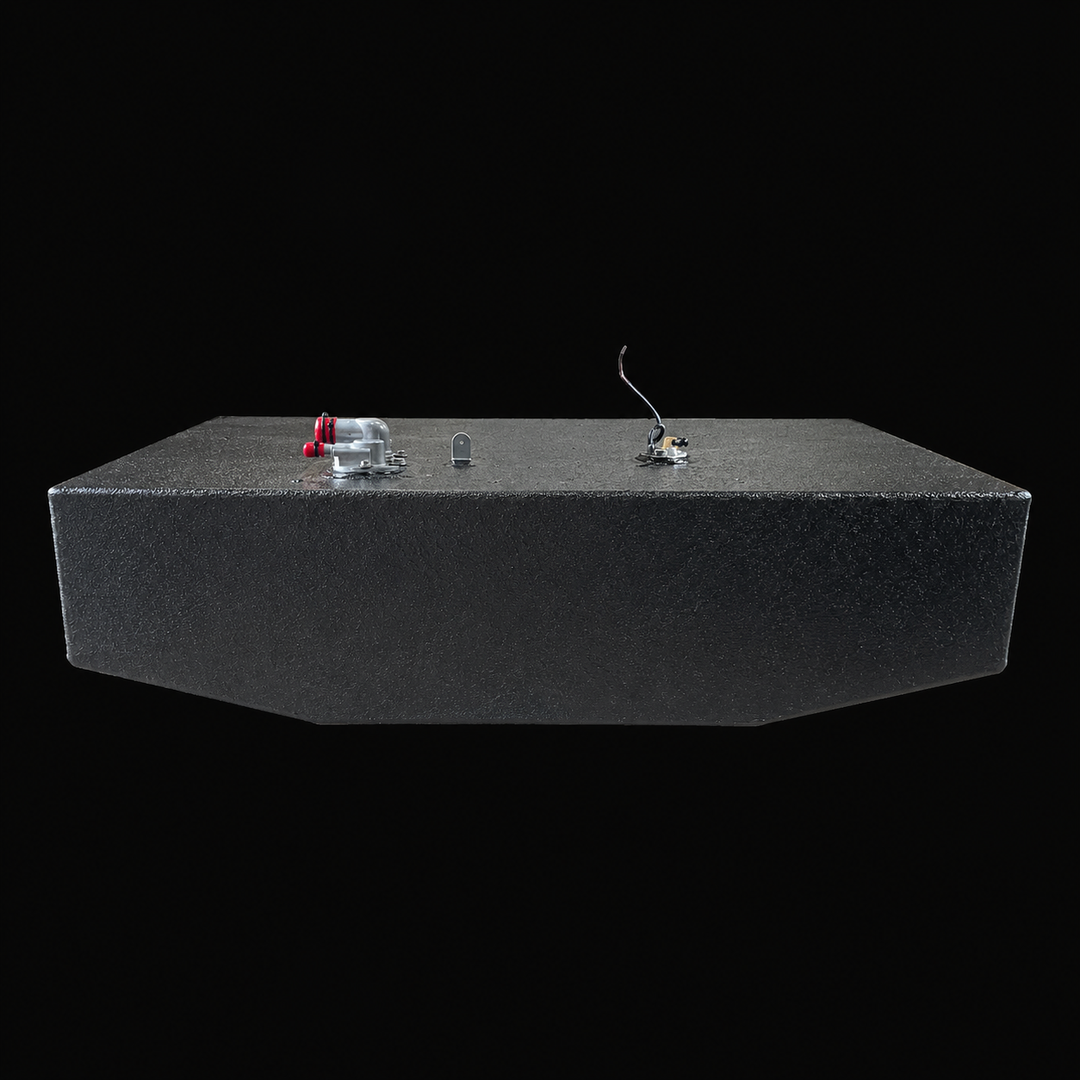 A side-elevation profile view of a black Contender 25 Bay Boat 2017 replacement marine fuel tank isolated against a black background. This side-on perspective highlights the long, shallow, rectangular design of the 91-gallon low-profile center-hull fuel cell, featuring a specialized hull-conforming bottom V-contour engineered by Welding World to sit flush within the boat's narrow center bilge. Precision-fabricated from heavy-gauge marine-grade 5052-H32 aluminum, the structure is completely finished in an an