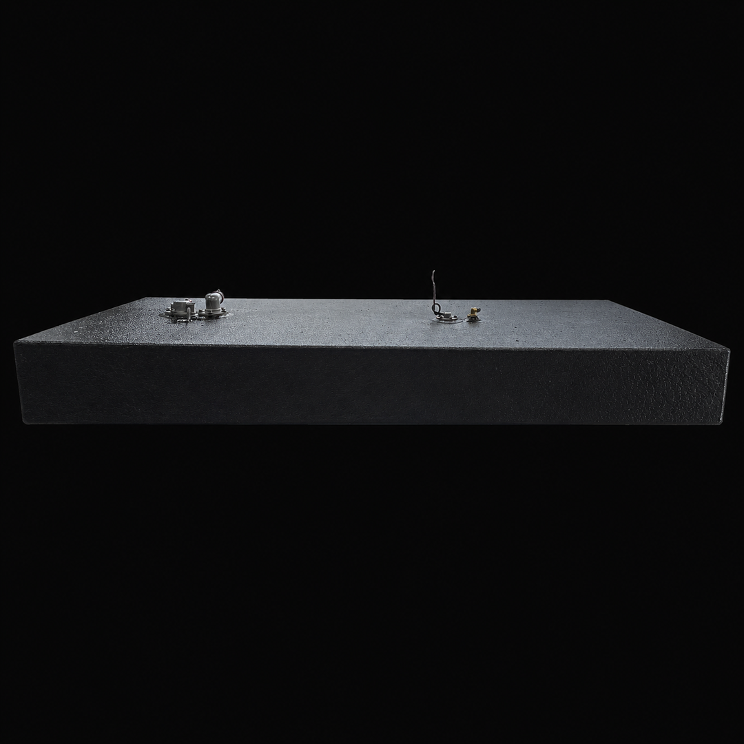 A side-long elevation profile view of a black Contender 25 Bay Boat 2017 replacement marine fuel tank isolated against a black background. This wide landscape perspective illustrates the exceptionally low profile and elongated rectangular structure of the 91-gallon center-hull fuel cell, precision-fabricated from heavy-gauge marine-grade 5052-H32 aluminum. The entire outer body is treated with a textured, anti-corrosive black TarGard epoxy coating designed to withstand harsh bilge environments. Its flat top