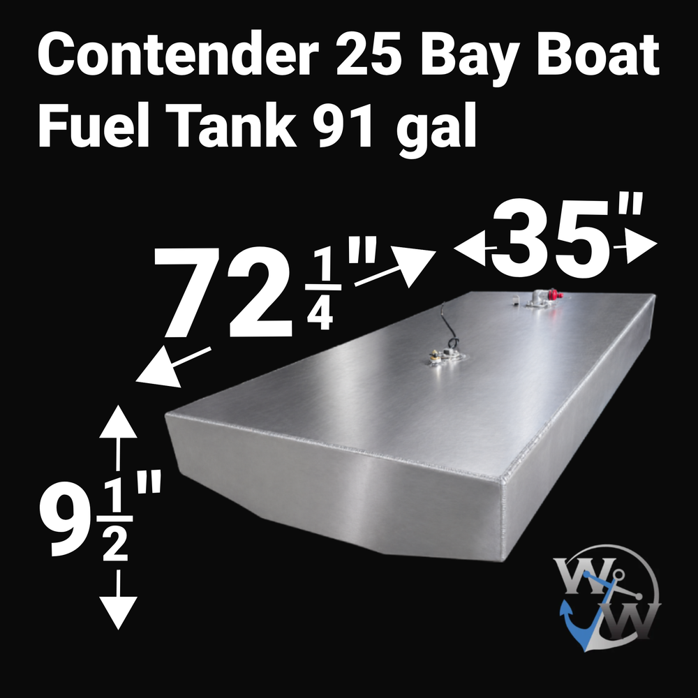 Dimensional technical diagram for a raw aluminum Contender 25 Bay Boat 91 gal Fuel Tank replacement. The graphic displays precise technical specifications with measurements of 72 1/4" length, 35" width, and 9 1/2" height, showcasing a long, low-profile profile with a hull-conforming bottom V-contour engineered by Welding World to sit flush within the vessel's narrow center-bilge cavity. The top deck displays an unsealed variant layout featuring a decentralized mechanical hardware configuration, containing a