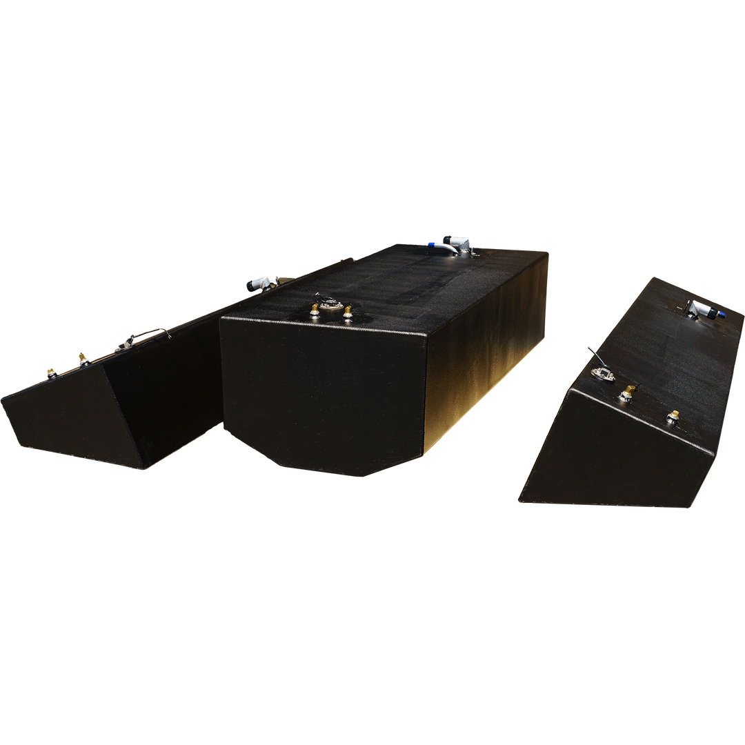 Built to OEM Specs Fuel Tank Combo Kit for Contender 27 T (2006) featuring one 105-gallon belly tank and two 52-gallon saddle tanks, displayed from multiple angles