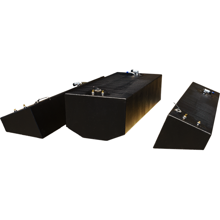 Built to OEM Specs Fuel Tank Combo Kit for Contender 27 T (2006) featuring one 105-gallon belly tank and two 52-gallon saddle tanks, displayed from multiple angles