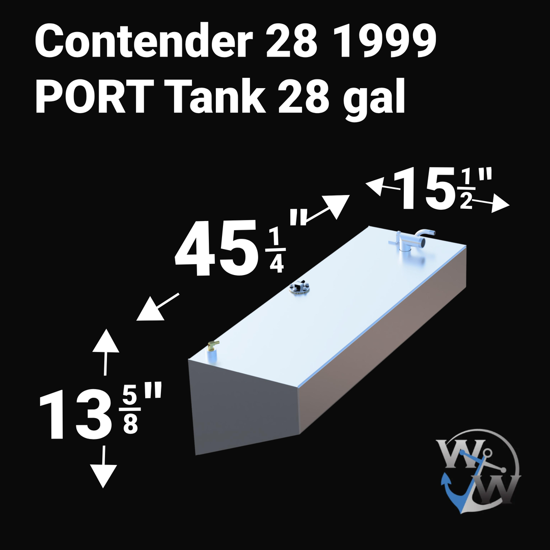 Dimensional diagram of a 28-gallon Port fuel saddle tank for a 1999 Contender 28, displaying precise OEM measurements: 45 1/4" length, 15 1/2" width, and 13 5/8" height. 3D rendering in silver marine-grade aluminum with the Welding World logo.