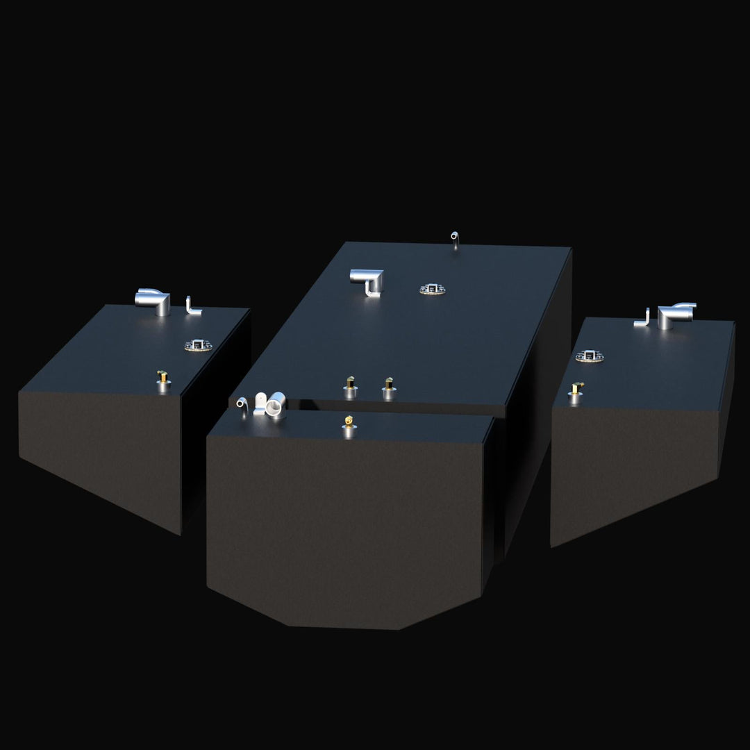 Isometric 3D rendering of the complete 1999 Contender 28 replacement tank package, featuring a 172-gallon center fuel tank, twin 28-gallon saddle tanks, and a 19-gallon water tank with a black coal-tar epoxy finish.