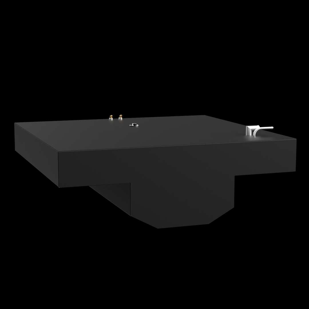 A minimalist 3D rendering of a dark gray, rectangular fuel tank with an irregular, stepped cutout on its underside. The top surface features two small golden posts, a central circular fitting, and a curved pipe with a rectangular base