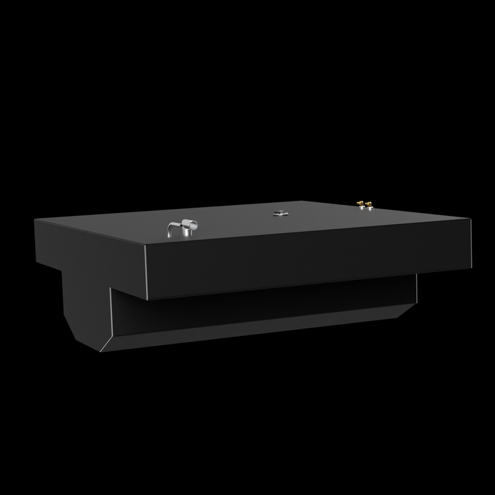 A long, dark gray rectangular fuel tank with an inverted T-shaped extension on its underside, suggesting it fits into a specific cavity. The top surface of the tank features a curved pipe, a central circular fitting, and two small golden posts