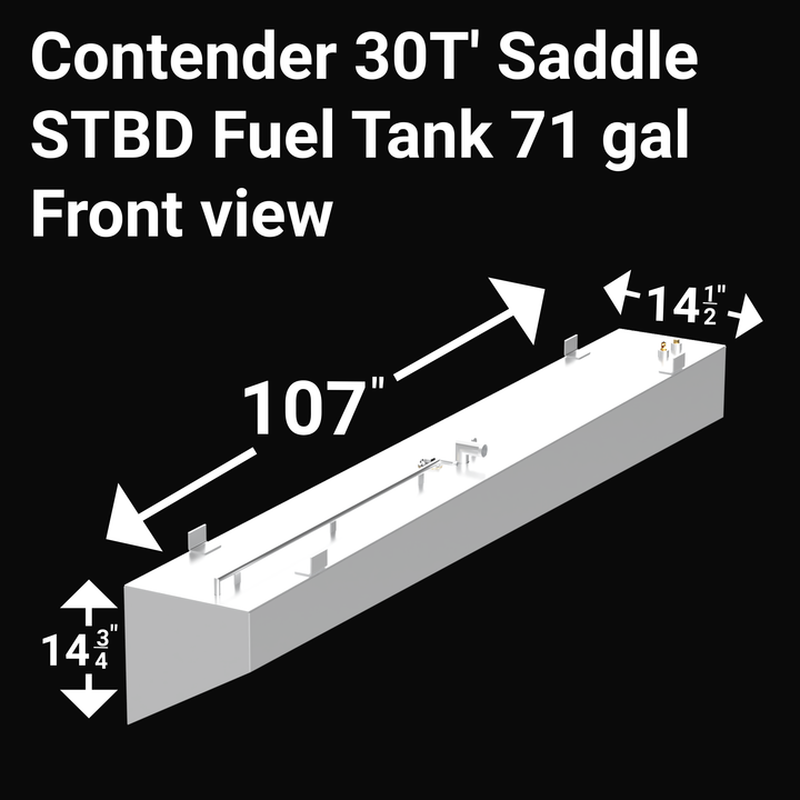 STBD Fuel Tank" system designed for a Contender 30T boat, featuring a total capacity of 71 gallons. This fuel system would typically be custom-fabricated from high-quality, marine-grade aluminum. It might consist of a single large, specially shaped tank or an integrated set of multiple tanks, engineered to maximize fuel storage and precisely fit the specific hull design of the Contender 30T.