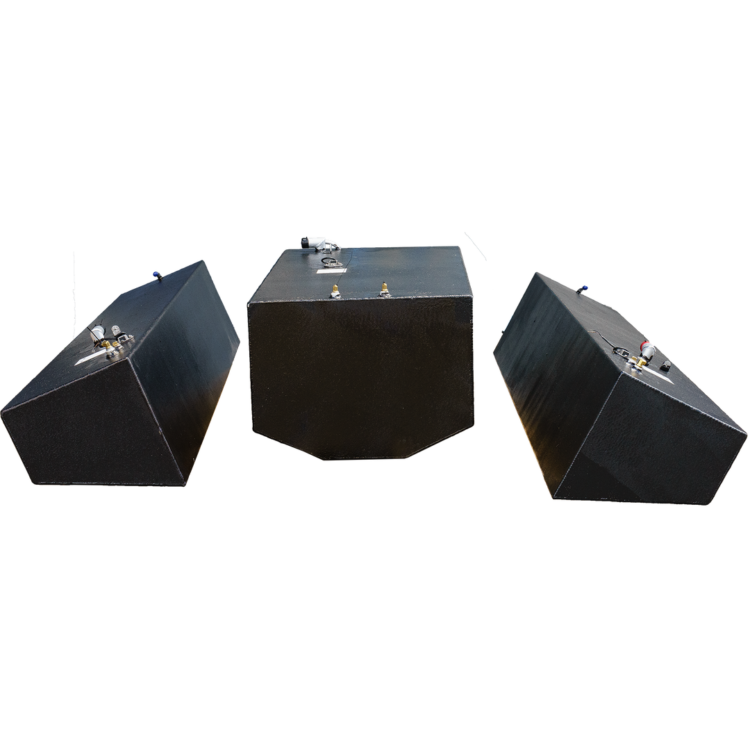 Contender 31' OEM Replacement Fuel Tank Combo Kit featuring one large belly tank with a capacity of 128 gallons, two standard saddle tanks each with a capacity of 85 gallons, and one water tank with a capacity of 21.26 gallons. The tanks are shown in a three-dimensional arrangement against a transparent background