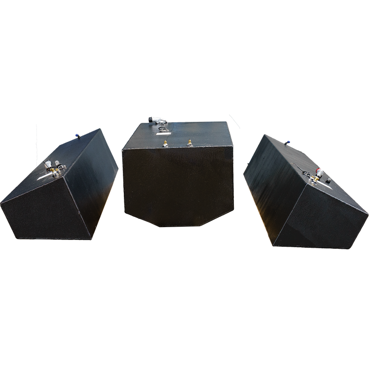 Contender 31' OEM Replacement Fuel Tank Combo Kit featuring one large belly tank with a capacity of 128 gallons, two standard saddle tanks each with a capacity of 85 gallons, and one water tank with a capacity of 21.26 gallons. The tanks are shown in a three-dimensional arrangement against a transparent background