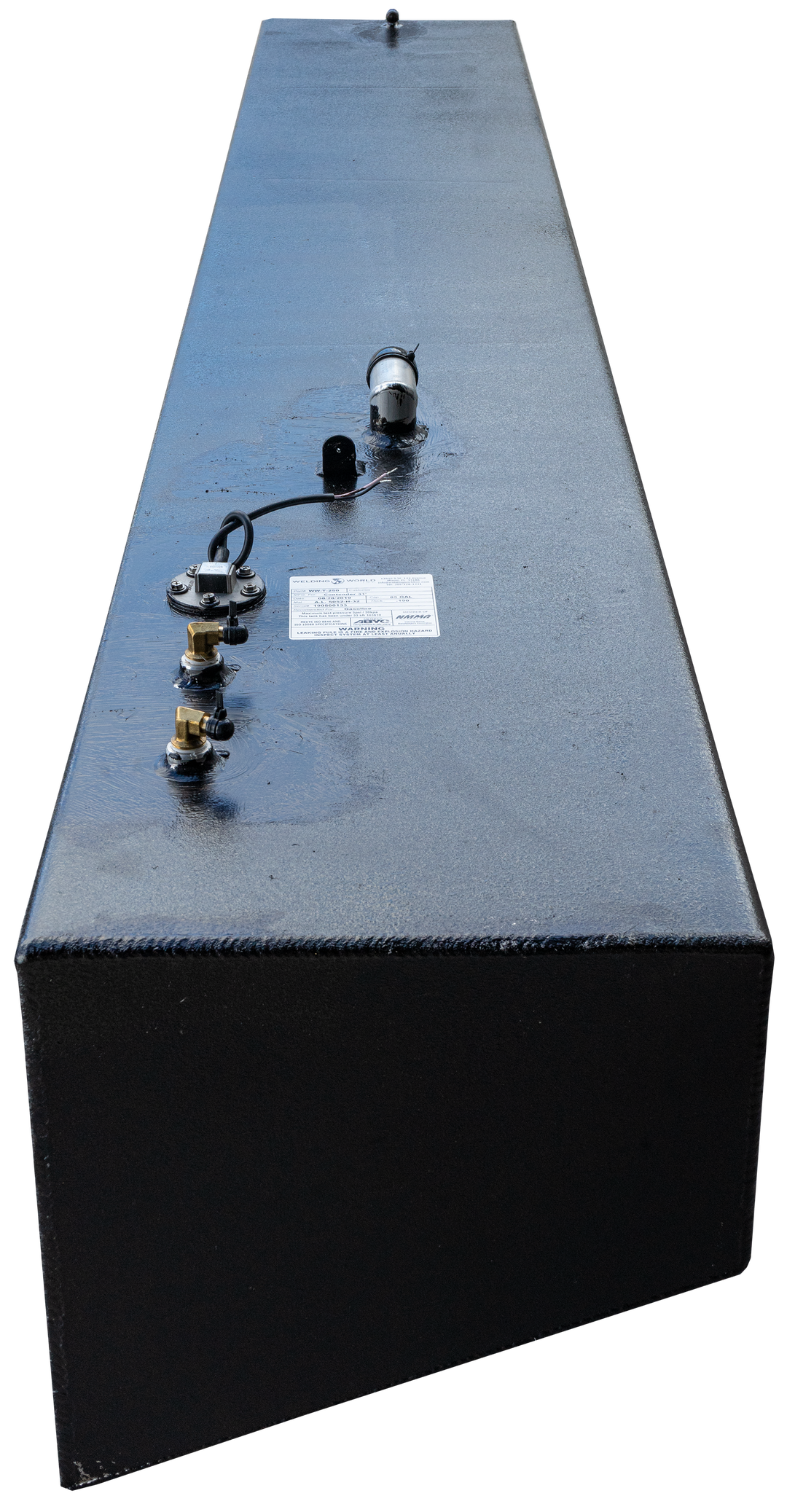 Contender 31' OEM Replacement Fuel Tank Combo Kit featuring one large belly tank with a capacity of 128 gallons, two standard saddle tanks each with a capacity of 85 gallons, and one water tank with a capacity of 21.26 gallons. The image shows a black fuel tank with various fittings and a label on the side