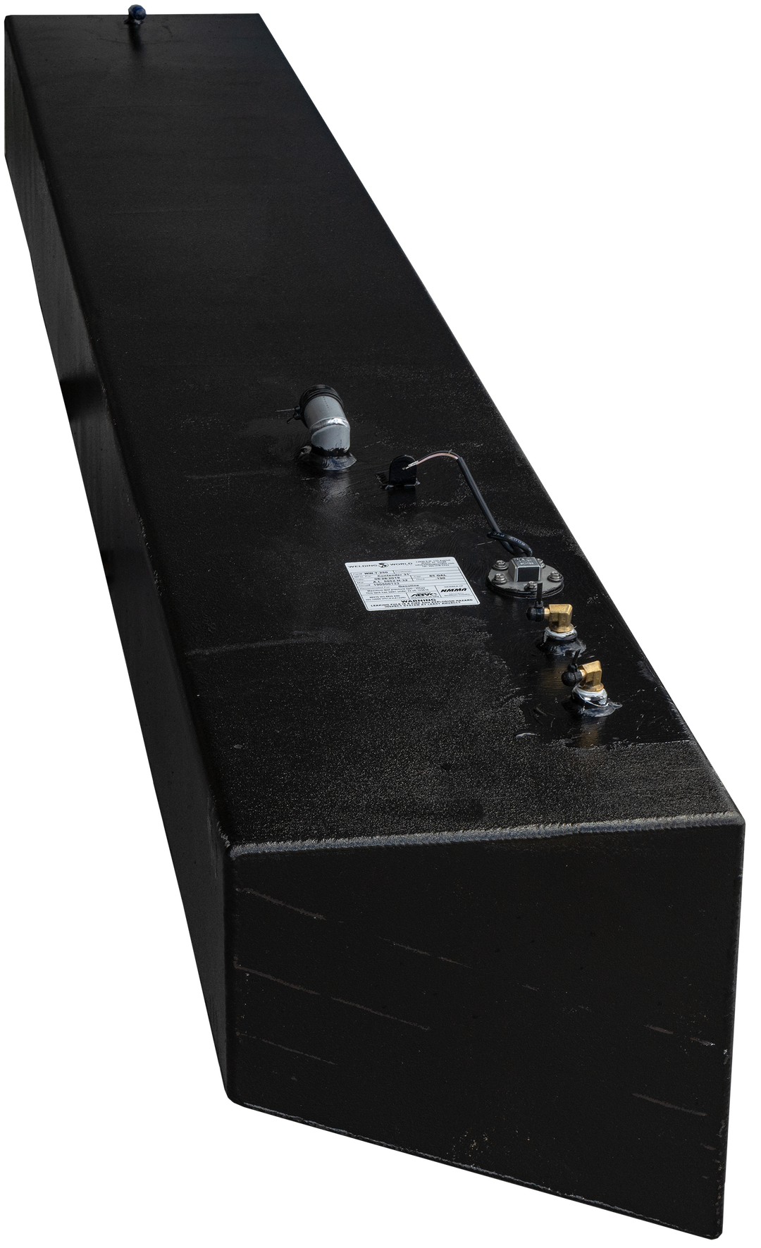 Contender 31' OEM Replacement Fuel Tank Combo Kit featuring one large belly tank with a capacity of 128 gallons, two standard saddle tanks with a capacity of 85 gallons each, and one water tank with a capacity of 21.26 gallons. The image shows a large black fuel tank with various fittings and a label on top