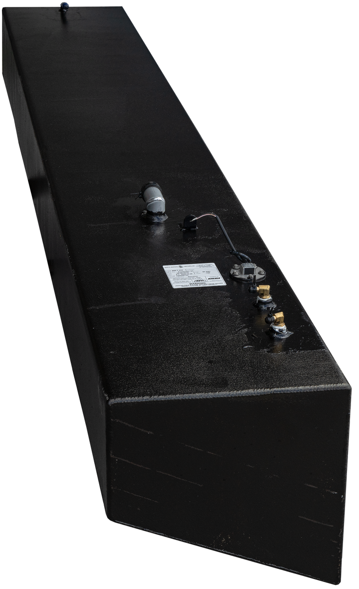 Contender 31' OEM Replacement Fuel Tank Combo Kit featuring one large belly tank with a capacity of 128 gallons, two standard saddle tanks with a capacity of 85 gallons each, and one water tank with a capacity of 21.26 gallons. The image shows a large black fuel tank with various fittings and a label on top