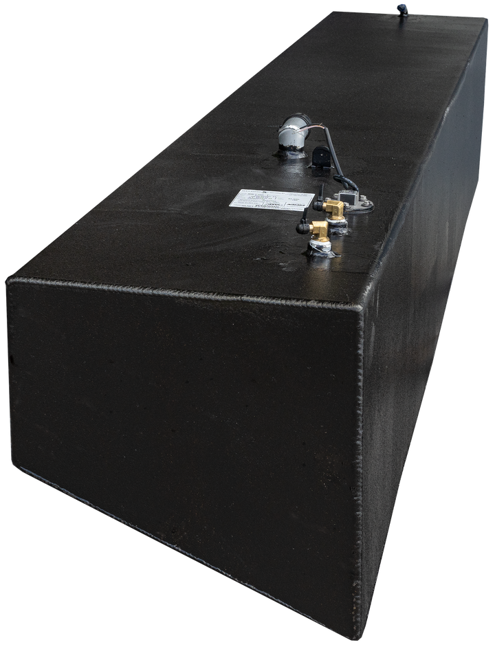 Contender 31' OEM Replacement Fuel Tank Combo Kit featuring one large belly tank with a capacity of 128 gallons, two standard saddle tanks each with a capacity of 85 gallons, and one water tank with a capacity of 21.26 gallons. The image shows a black fuel tank with fittings and a gauge