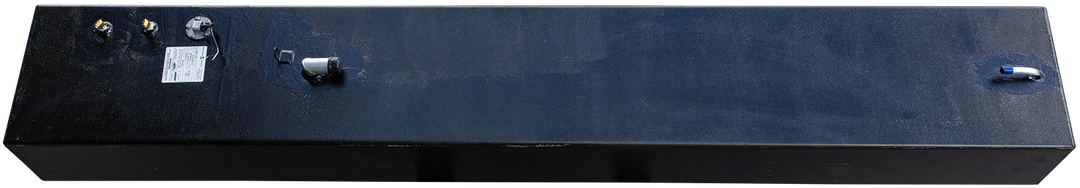 Contender 31' OEM Replacement Fuel Tank Combo Kit featuring one large belly tank with a capacity of 128 gallons, two standard saddle tanks with a capacity of 85 gallons each, and one water tank with a capacity of 21.26 gallons. The image shows a sleek, black fuel tank with fittings on one side