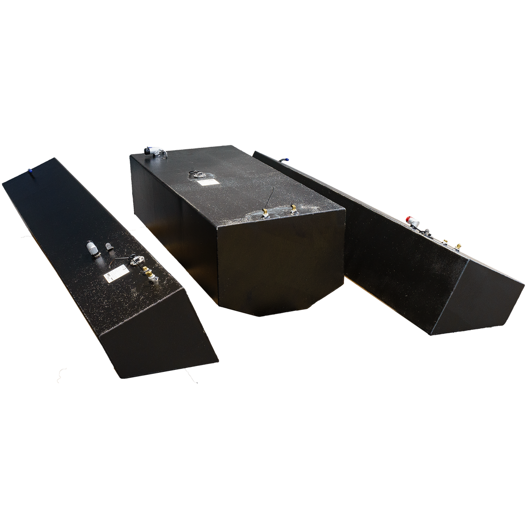 Contender 31' OEM Replacement Fuel Tank Combo Kit featuring one large belly tank with a capacity of 128 gallons, two standard saddle tanks with a capacity of 85 gallons each, and one water tank with a capacity of 21.26 gallons, displayed against a transparent background