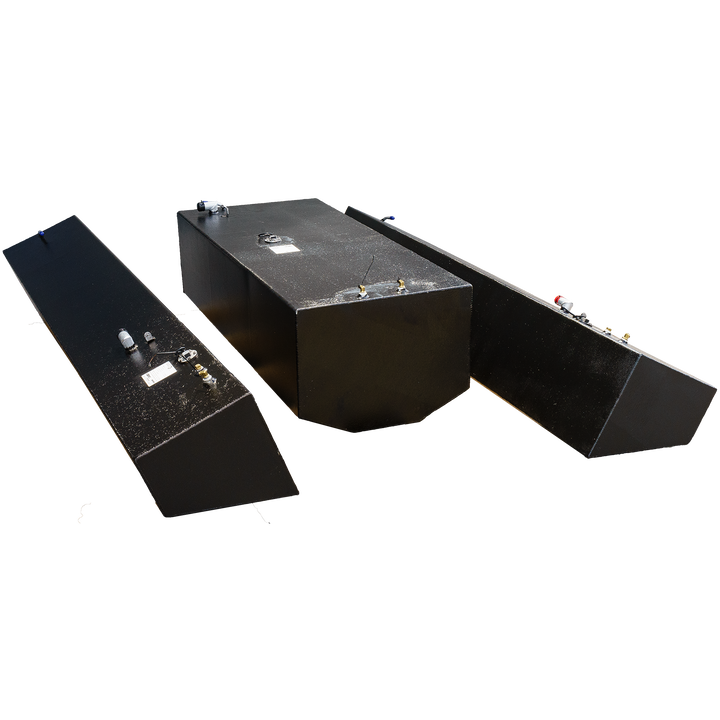 Contender 31' OEM Replacement Fuel Tank Combo Kit featuring one large belly tank with a capacity of 128 gallons, two standard saddle tanks with a capacity of 85 gallons each, and one water tank with a capacity of 21.26 gallons, displayed against a transparent background