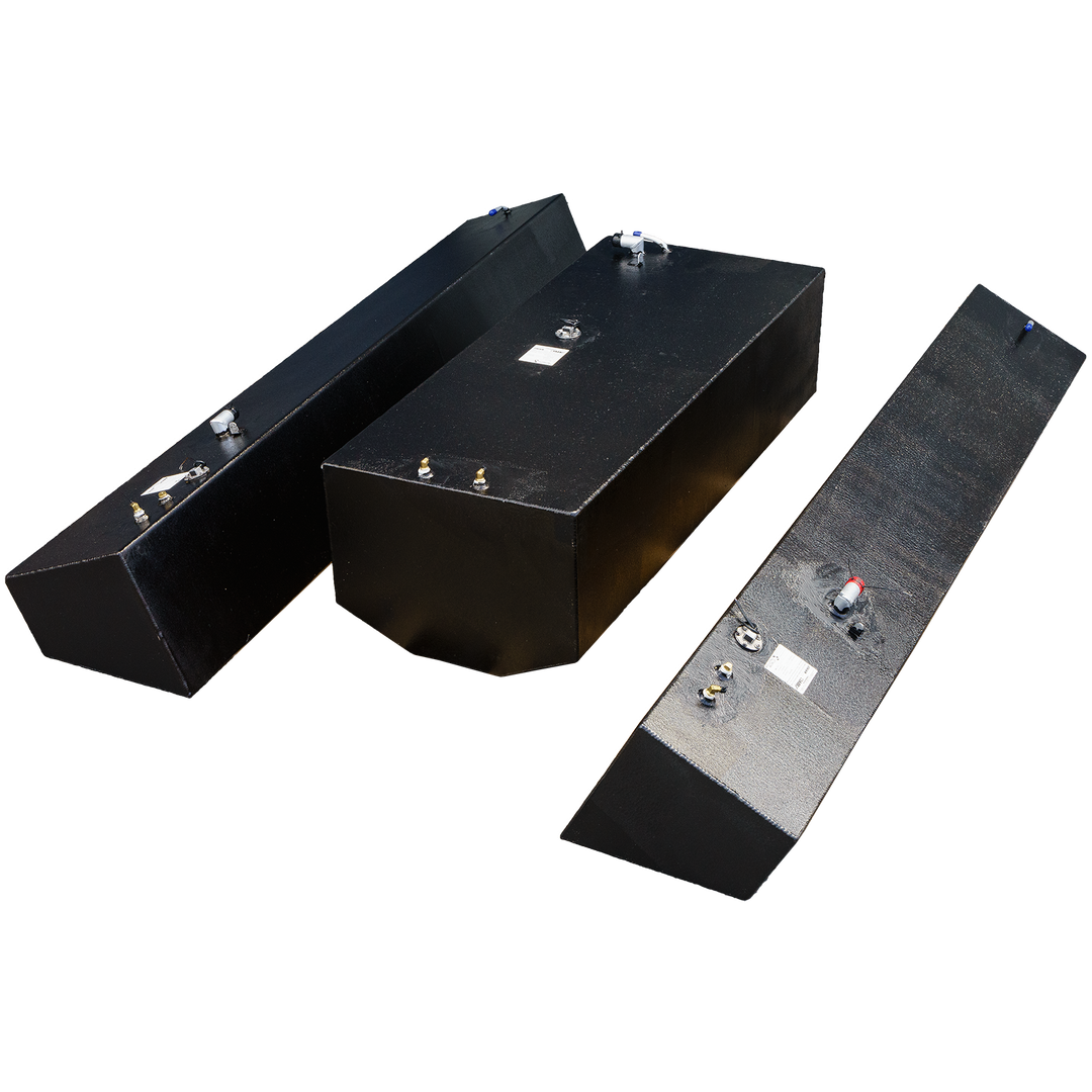 Contender 31' OEM Replacement Fuel Tank Combo Kit featuring one large belly tank with a capacity of 128 gallons, flanked by two standard saddle tanks each with a capacity of 85 gallons, and a water tank with a capacity of 21.26 gallons. The tanks are shown in a black finish