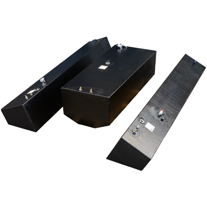 Contender 31' OEM Replacement Fuel Tank Combo Kit featuring one large belly tank with a capacity of 128 gallons, flanked by two standard saddle tanks each with a capacity of 85 gallons, and a water tank with a capacity of 21.26 gallons. The tanks are shown in a black finish