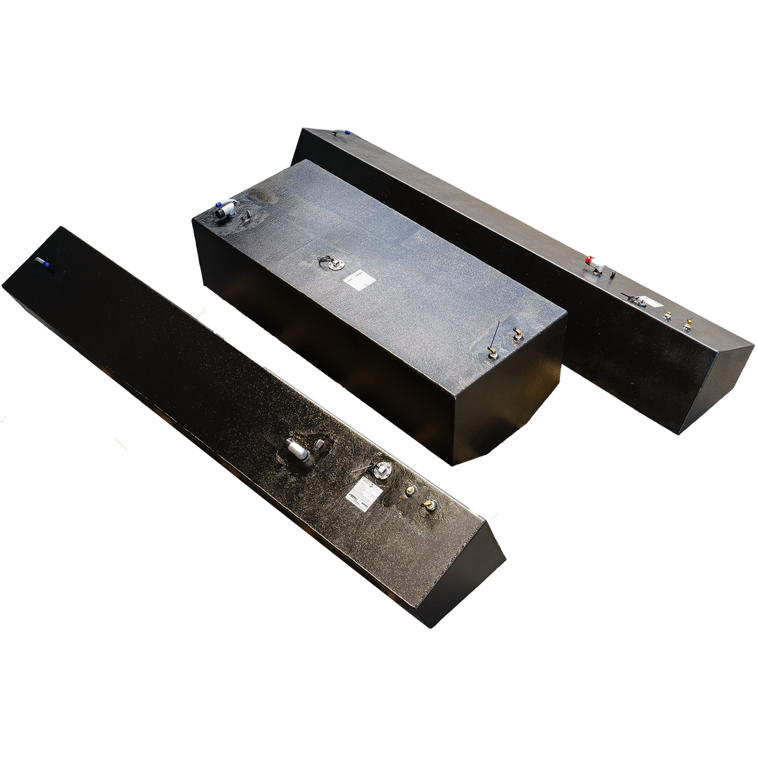 Contender 31' OEM Replacement Fuel Tank Combo Kit featuring one large belly tank (128 gallons) and two standard saddle tanks (85 gallons each), along with one water tank (21.26 gallons). The tanks are black and have various fittings and valves