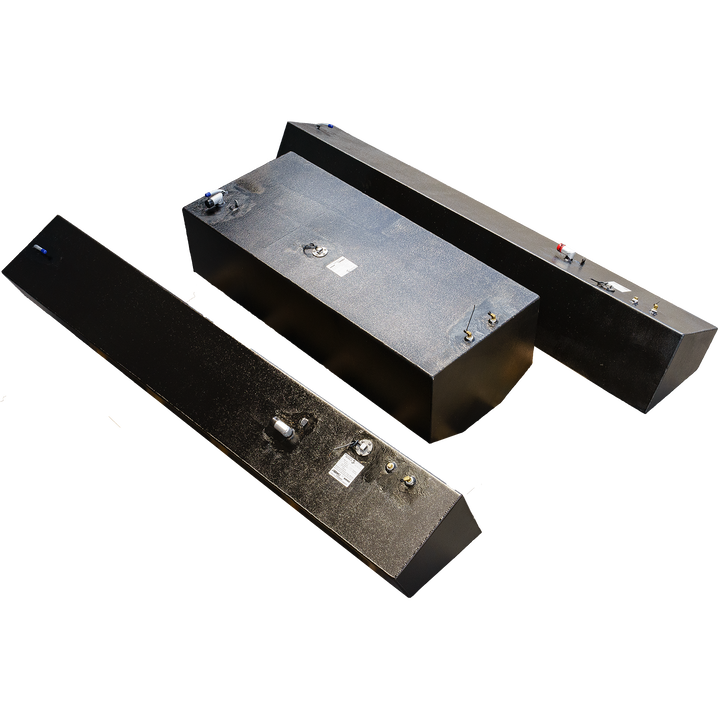 Contender 31' OEM Replacement Fuel Tank Combo Kit featuring one large belly tank (128 gallons) and two standard saddle tanks (85 gallons each), along with one water tank (21.26 gallons). The tanks are black and have various fittings and valves