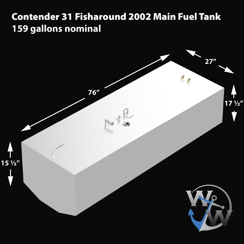 3D model of a rectangular white fuel tank with fittings on top, labeled as Contender 31 Fisharound 2002 Main Fuel Tank. The tank dimensions are 76 inches long, 27 inches wide, and 17.5 inches tall, with a height of 15.5 inches at the front slope. The nominal capacity is 159 gallons. The Welding World logo appears in the bottom right corner