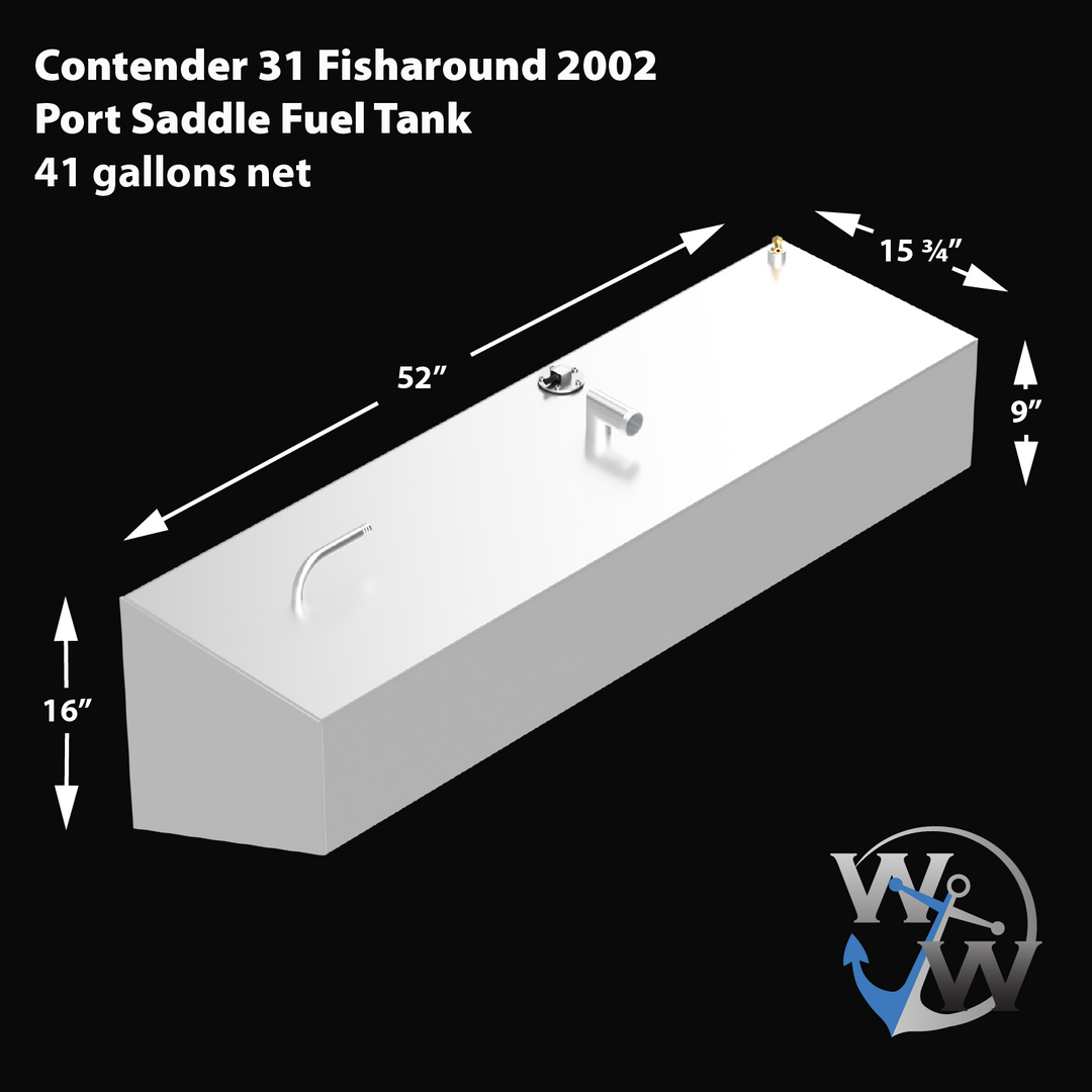 3D model of a white rectangular saddle fuel tank with fittings on top, labeled as Contender 31 Fisharound 2002 Port Saddle Fuel Tank. The tank dimensions are 52 inches long, 15.75 inches wide, and 9 inches tall, with an additional 16-inch height at the front sloped edge. The nominal capacity is 41 gallons. The Welding World logo is shown in the bottom right corner
