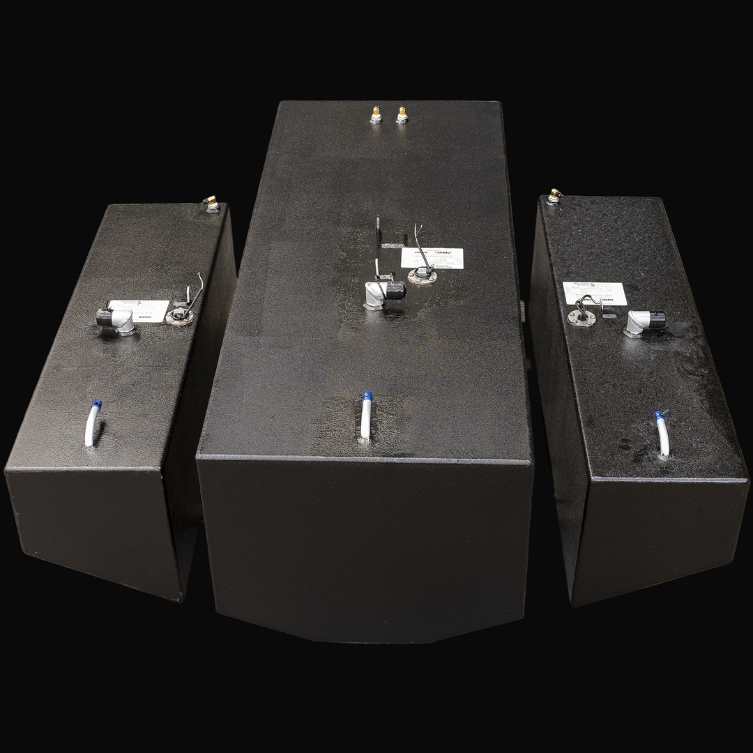 Three black metal fuel tanks arranged side by side on a transparent background. The middle tank is larger with multiple fittings on top, while the two smaller tanks on either side have fewer fittings. These are OEM replacement fuel tanks for Contender 31 Fisharound 2002, including one 159-gallon main tank and two 41-gallon saddle tanks