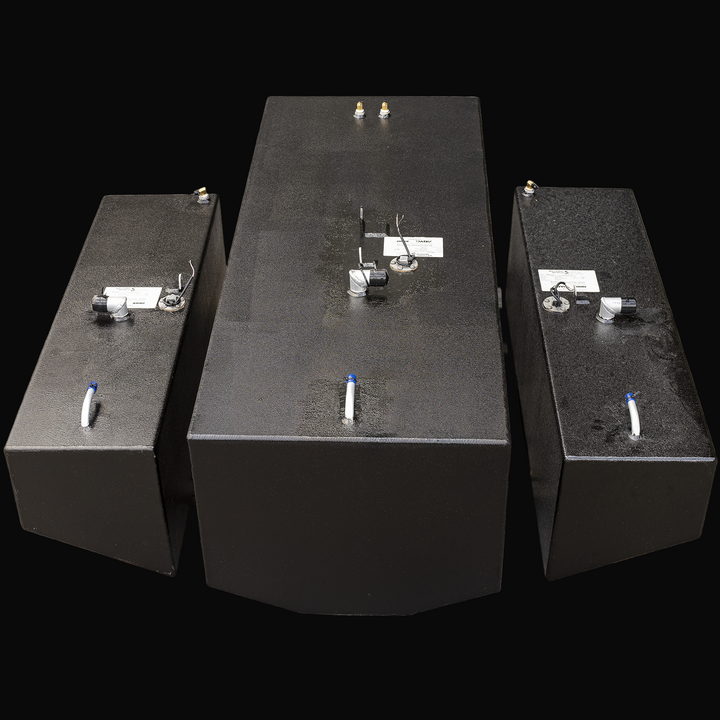 Three black metal fuel tanks arranged side by side on a transparent background. The middle tank is larger with multiple fittings on top, while the two smaller tanks on either side have fewer fittings. These are OEM replacement fuel tanks for Contender 31 Fisharound 2002, including one 159-gallon main tank and two 41-gallon saddle tanks