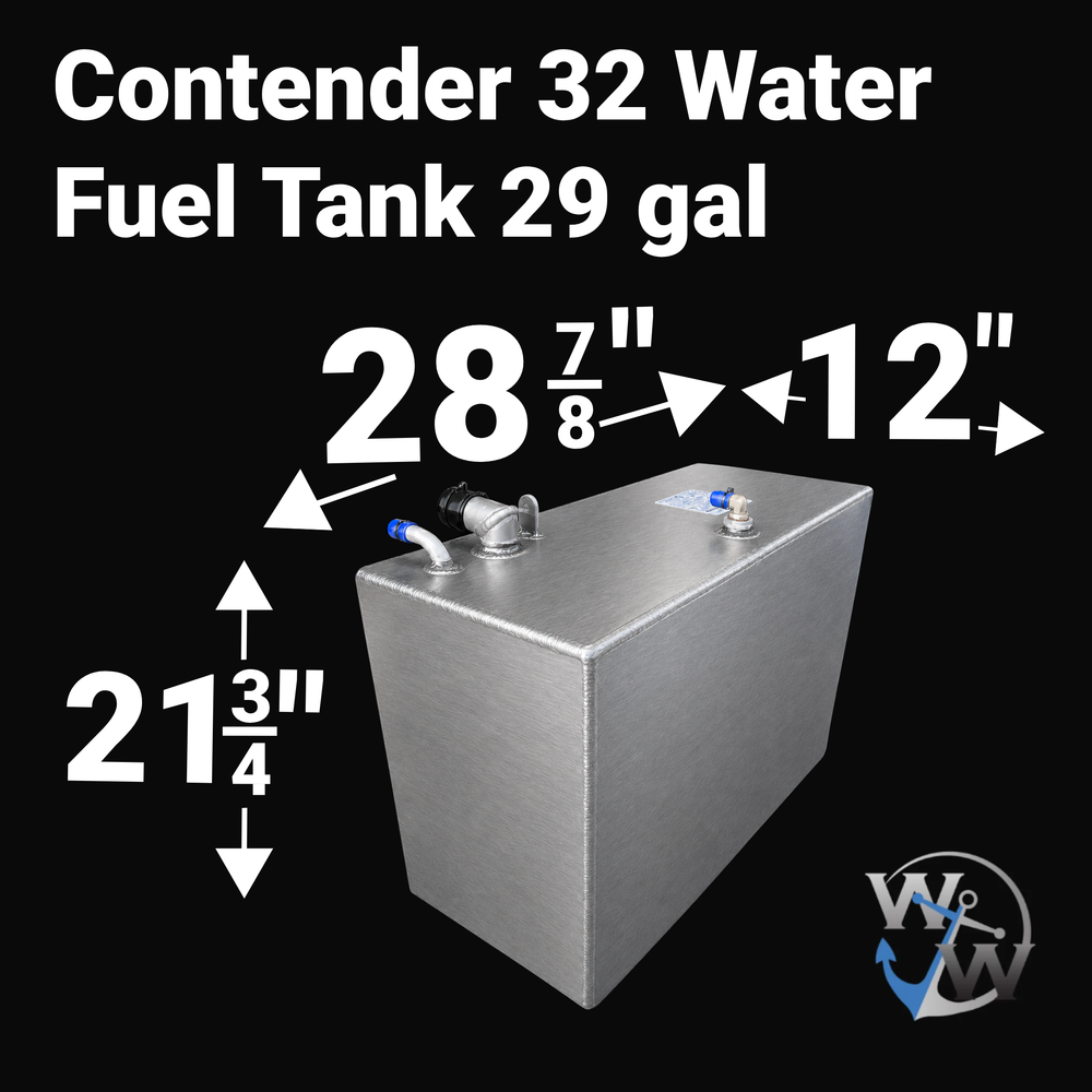 Dimensional technical diagram for a raw aluminum Contender 32 Water Fuel Tank 29 gal replacement from file image_a17cc5.jpg. The graphic displays precise technical specifications with measurements of 28-7/8" length, 12" width, and 21-3/4" height, showcasing a deep, compact rectangular box design engineered by Welding World to conform perfectly to the vessel's designated bilge or deck cavity space. The unsealed variant raw tank body features flawless structural weld seams and clean satin-finished panels. The